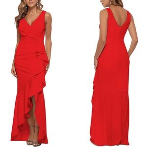 NEW BETSY & ADAM Red V-NECK Ruched CASCADE RUFFLE High-Low EVENING GOWN 6